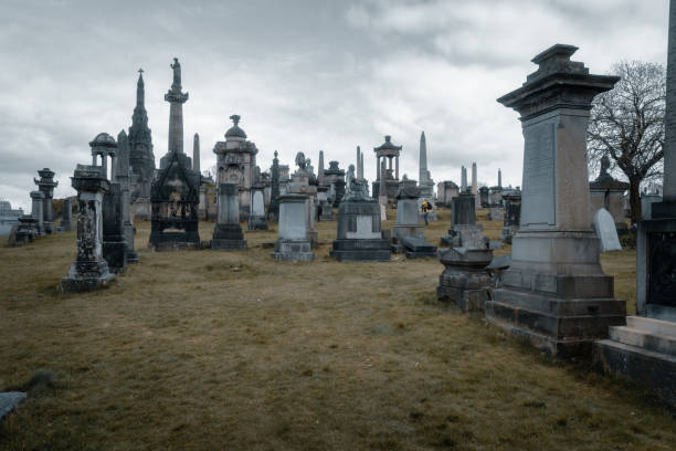architecture style and decoration art of Glasgow Necropolis, Scotland, overcast weather