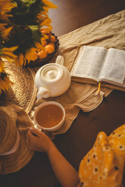 Girl reading bible, home evening atmosphere.