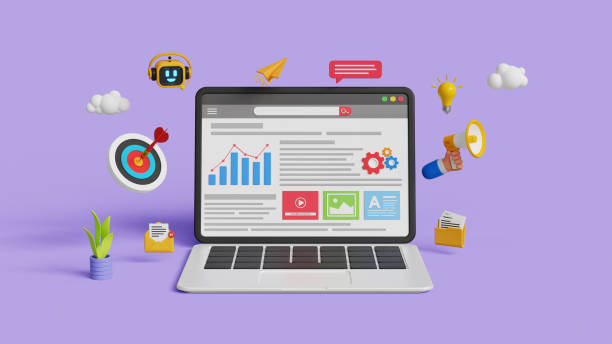 istock Marketing automation or web automation. Growth strategy, target audience, advertising or campaign, progress or improvement. 3D web page on computer screen with digital marketing icons 2181079968