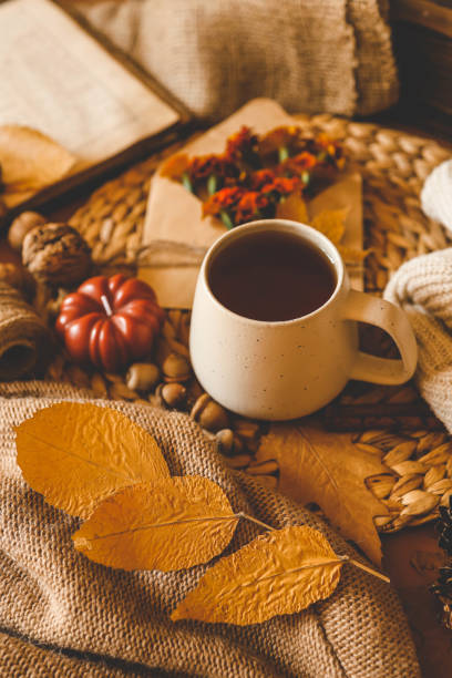 istock Cozy autumn composition with a ceramic mug of tea, surrounded by fall elements such as dried leaves, a pumpkin candle, marigold flowers, yarn, and a warm knitted sweater. Perfect for a relaxing fall atmosphere 2181080532