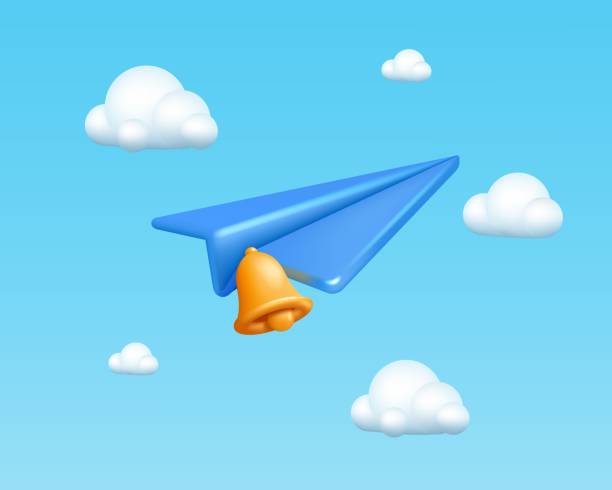 istock 3D plane. Airplane telegram flying in clouds. Paper aviation in sky. Air transport. Notification bell. Aircraft flight. Business or travel news art banner. Render icon. Vector background 2181080580