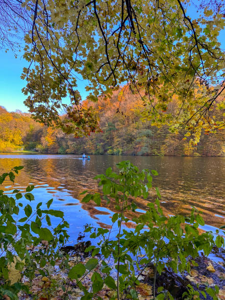 istock Man Paddleboarding in Autumn Lake 2181081294