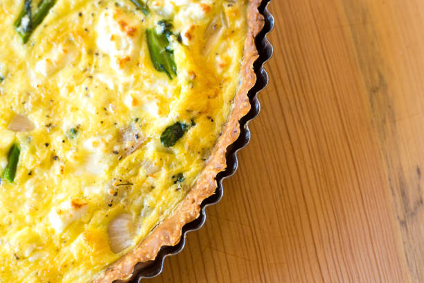 Broccoli Quiche in Quiche Pan Close-Up, Butcher Block Table