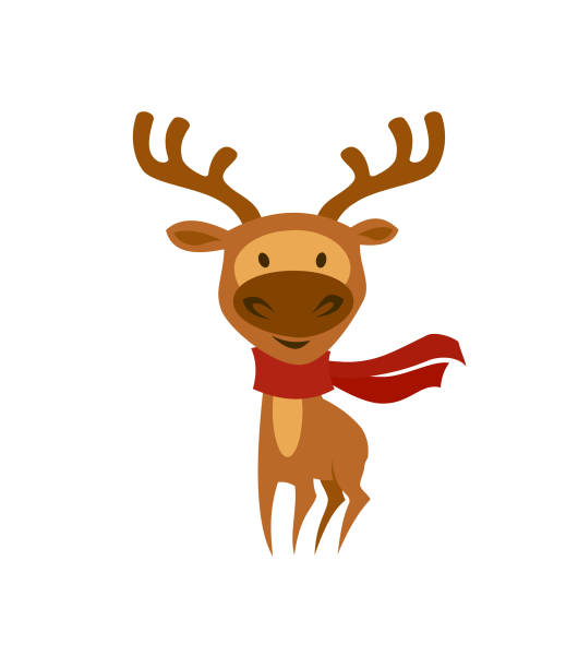 Cute Deer, Stag, Elk, Moose in red scarf - vector Xmas deer illustration, logo, sticker, t-shirt print, greeting card Cute smiling deer, stag, elk, moose, Christmas Deer wearing red scarf - vector deer cartoon illustration, logo, sticker, label, poster, tattoo, greeting card, t-shirt print, seasonal decoration silhouette of a elk antler tattoo stock illustrations