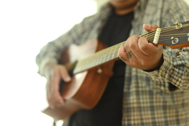 The singer plays an acoustic guitar and sings at a concert