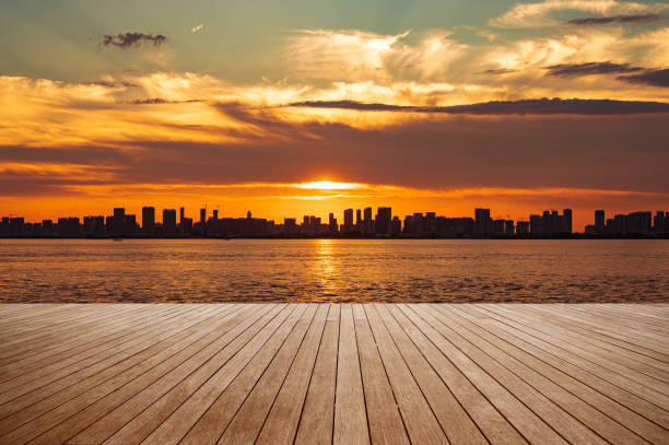 istock Empty boardwalk and modern urban skyline with dramatic sky and clouds during dusk 2181105677