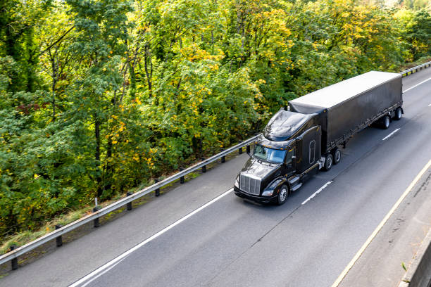 Stylish black big rig semi truck with extended cab transporting cargo in conestoga flat bed railer running on the autumn highway road with forest on the side stock photo