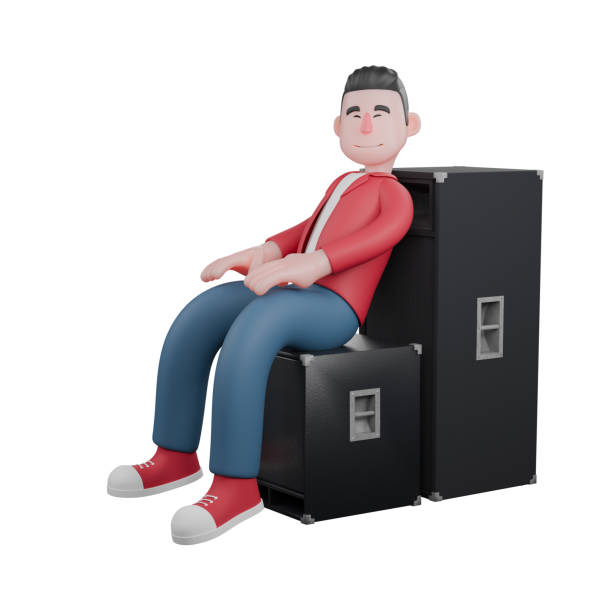 istock Singing Star 3D Model. A male singer sits on a speaker, his body leaning on a large speaker with his eyes closed and a happy expression. Vocalist Design 2181111849