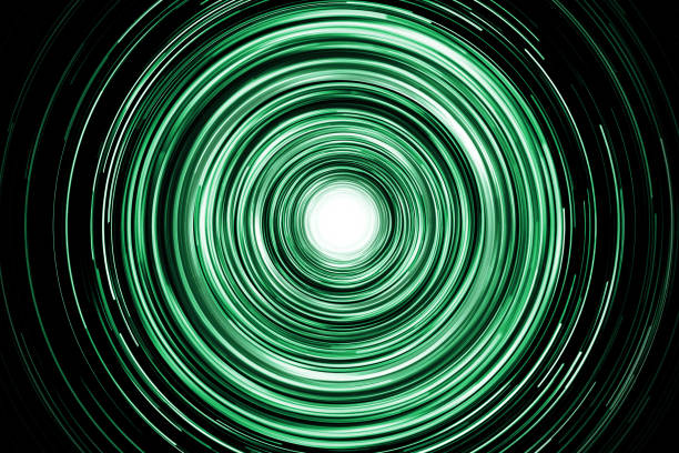 istock Neon circle lines with empty copy space isolated on black background. Colorful led lights long exposure rotation photo. Eco shiny light glow. 2181112555