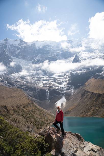 istock Hiker with turquoise lake and snow-capped mountains. 2181114137