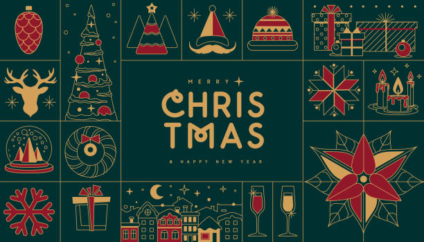 Merry Christmas and Happy New Year  line art greeting card, cover or poster with holiday attributes. Christmas background. Vector illustration