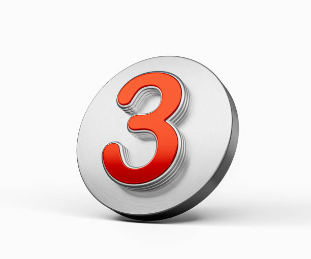 Vibrant Red Number Three 3 On A Metallic Silver Disc Icon On White Background 3D Illustration