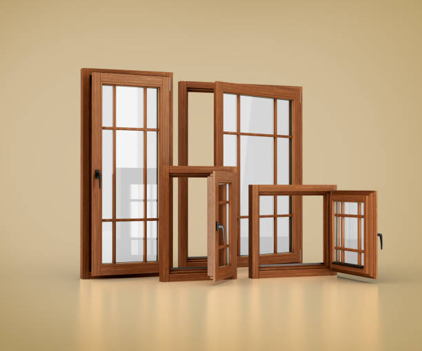 istock Set Of Four Wooden Framed Windows In Different Sizes With Multiple Glass Panes 3D Illustration 2181116228