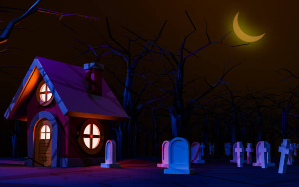 A spooky scene of a small haunted house in a dark graveyard, illuminated by eerie moonlight and surrounded by tombstones and bare trees. The crescent moon adds a chilling touch, perfect for Halloween designs, horror themes, or eerie atmosphere