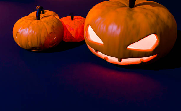 A close-up of a glowing, sinister jack-o'-lantern with menacing eyes and a sharp-toothed grin, capturing the essence of Halloween horror. The eerie lighting adds to the spooky vibe, making this image ideal for Halloween promotions, themed events, or eerie decor