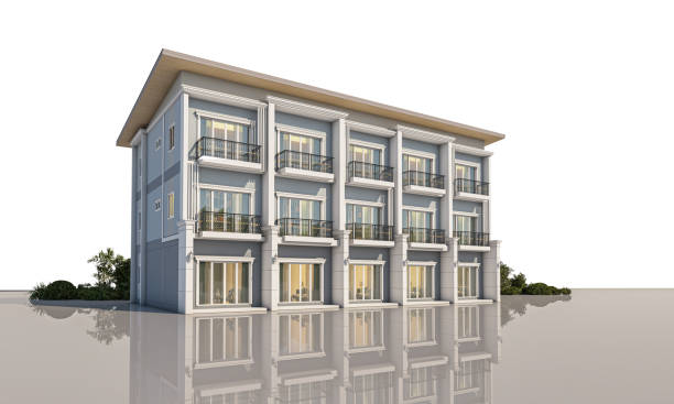 Architecture 3d rendering illustration of modern  townhouse on white background