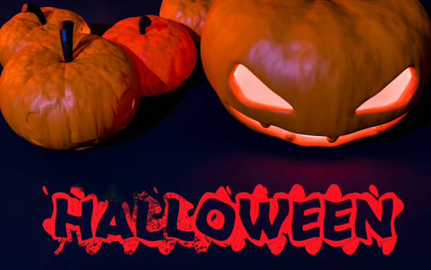 A vibrant Halloween design featuring glowing, menacing jack-o'-lanterns with fiery eyes, accompanied by bold, red graffiti-style HALLOWEEN text. The dark background enhances the spooky atmosphere, making it ideal for seasonal promotions, Halloween designs, party invitations, and festive decorations