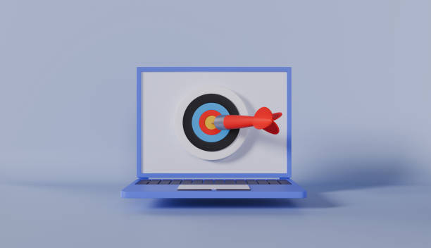 istock Target with Arrow in Center on Computer Screen, Render Dartboard with Arrow and Laptop, Goal Setting, Smart Goal 2181124849