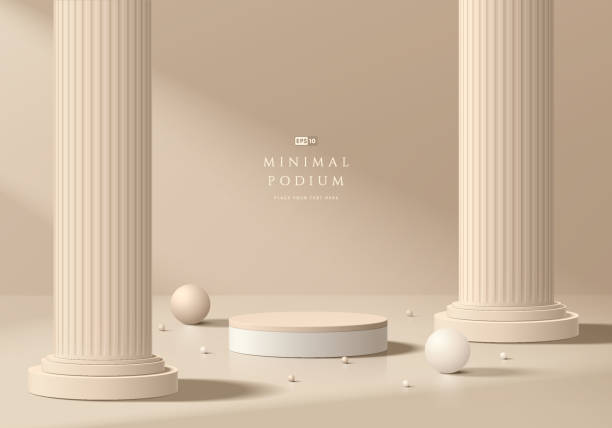 istock 3D beige round podium background with roman pillars, Sphere ball. Abstract geometric composition minimalist design. Studio display showroom stands product pedestal, Fashion stage showcase mockup scene 2181127921
