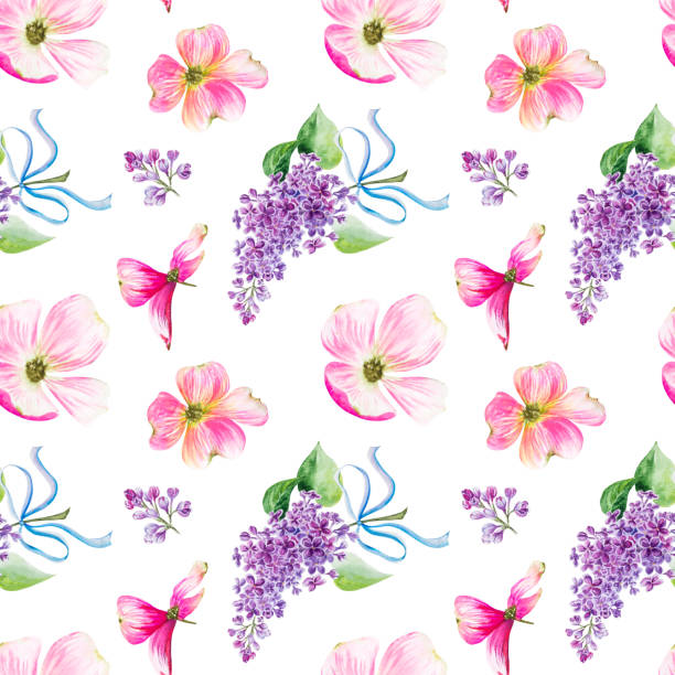 istock Seamless pattern.Watercolor illustration with beautiful pink dogwood flowers and lilac branches. Hand painted watercolor seamless spring pattern,seamless pattern with flowers 2181130394