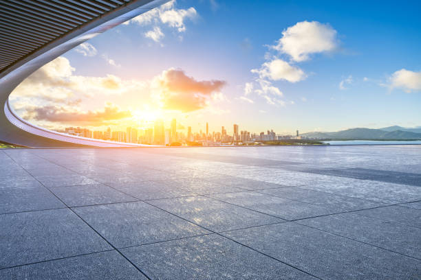 istock Empty square floor and bridge with modern city buildings scenery at sunset in Shenzhen 2181131349