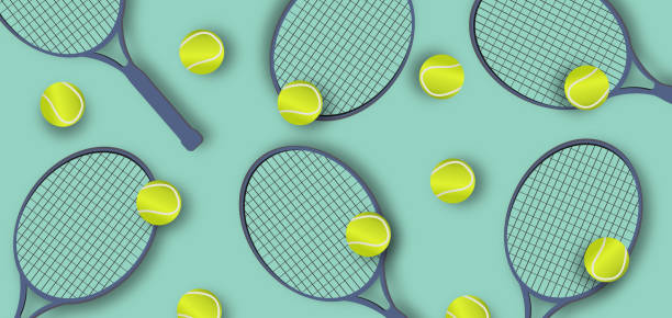 istock Tennis racket and ball horizontal banner on green background. Classic tennis game, class or match concept. Sport design for cover, advertisement, poster, app, web. 2181137044