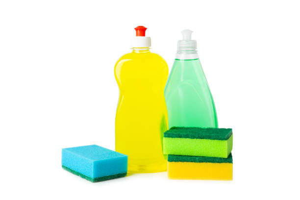 istock Colorful dish sponges isolated on white background. Kitchen sponge. Cleaning concept, cleaning service. Dishwashing liquid with clean and dirty dishes plate. Place for text, copy space.Wash the dishes 2181137721