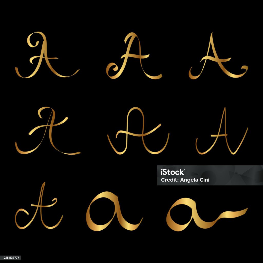 2 Gold Cursive Gold A Letter Initial Cursive Hand Written Set For Logo Brand Stock ...