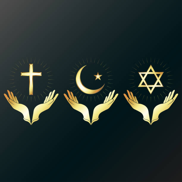 istock Hands in prayer with Christian cross, crescent and star, Star of David 2181145981
