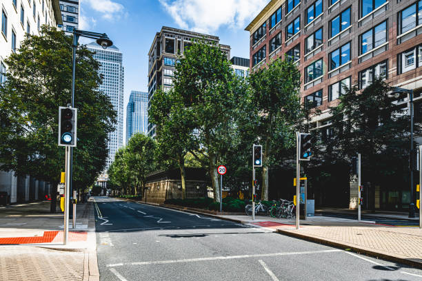 istock Empty road in canary wharf, UK 2181153079
