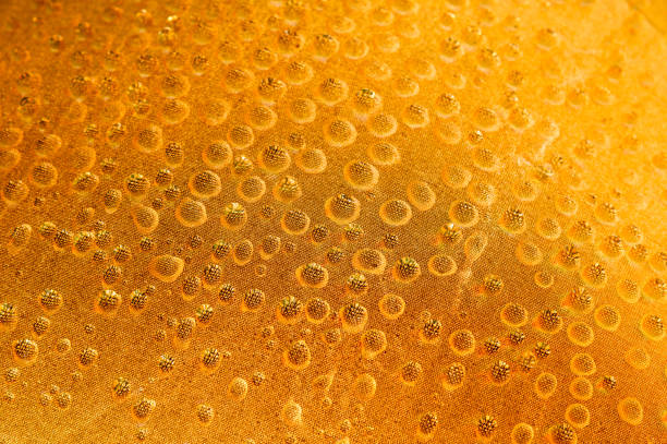 Concept of raindrops falling on yellow background. Abstract wet surface with bubbles on the surface. Realistic drops of clean water.