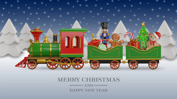 istock christmas card with 3d steam train and realistic christmas decorations. christmas background with 3d toys and sweets inside the carriages of a toy train 2181156825