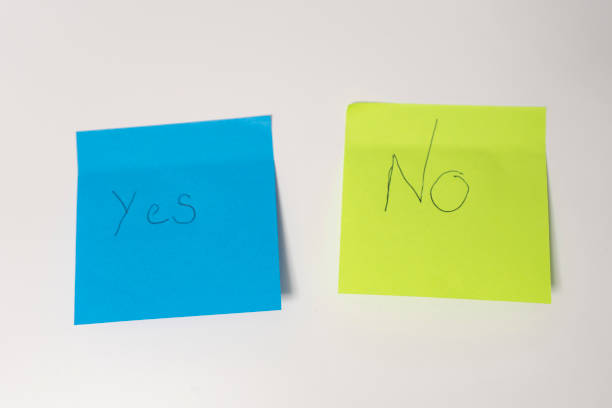 Two post it notes with the word yes and no on white background