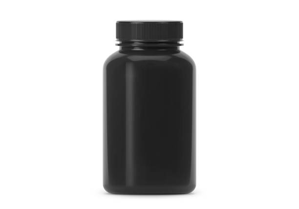 istock Black supplement bottle. Medicine pill container, plastic jar blank mockup. Vitamine drug capsule bottle, pharmaceutical product package 2181172850