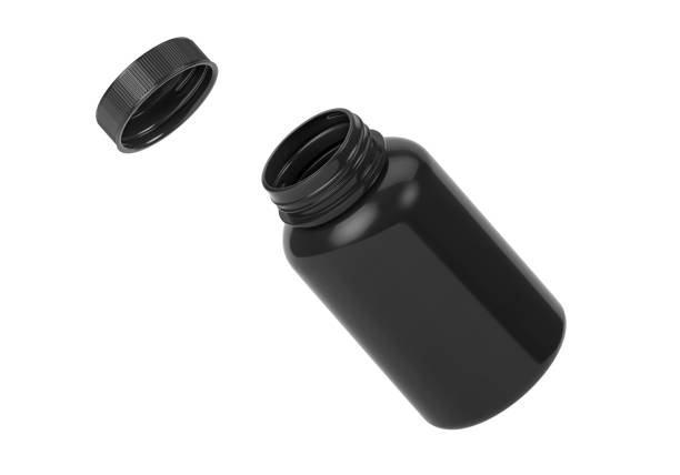 supplement pills with medicine bottle health care and medical top view. Vitamin tablets. Top view mockup bottle for pills and vitamins with green leaves, natural organic bio supplement, copy space.