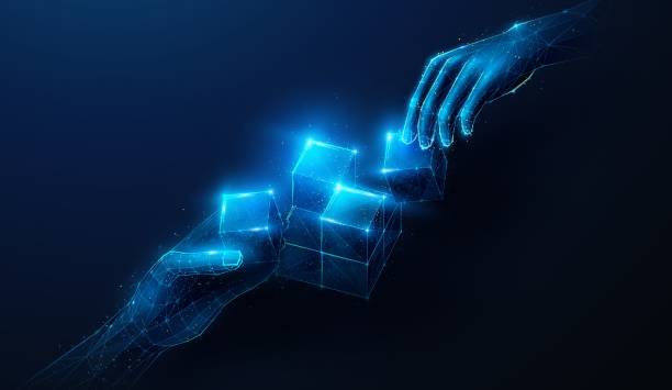 Abstract illustration of two low poly hands bring cubes to central cube. Blue geometric background depicting problem solving, synergy partnership and teamwork concept by wireframe connection structure Abstract illustration of two low poly hands bring cubes to central cube. Blue geometric background depicting problem solving, synergy partnership and teamwork concept by wireframe connection structure blockchain stock illustrations