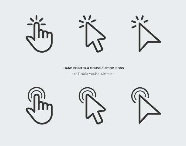computer-mausklick-cursor und handzeiger-symbol strichzeichnungen - cursor stock-grafiken, -clipart, -cartoons und -symbole