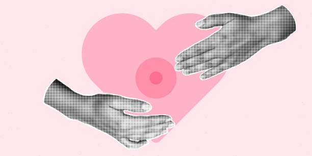 istock Halftone collage banner, breast cancer awareness month. Paper cut hands 2181188027