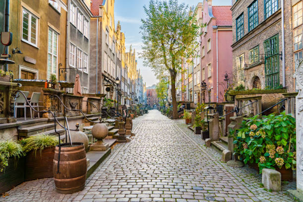 Charming Ulica Mariacka Street in Gdańsk with Cobbled Path and Historic Houses. stock photo