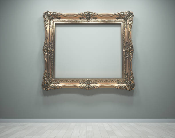 istock A large, ornate golden frame hangs on a simple gray wall in a spacious, minimalist gallery with wooden flooring 2181191305