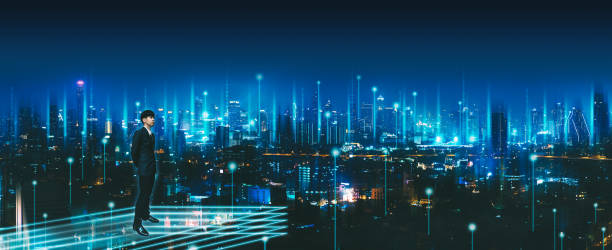 istock Business man on future digital smart network city technology background 2181195919