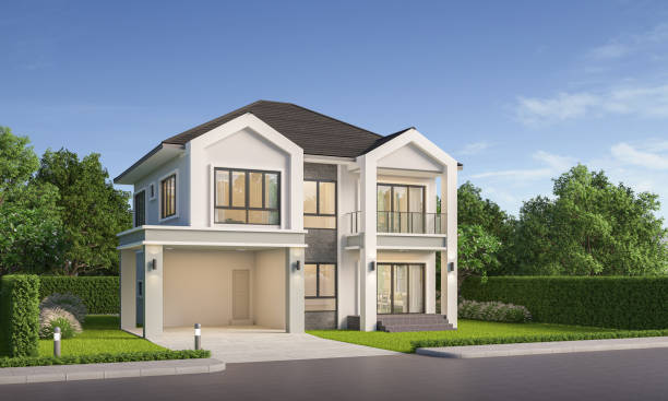 istock Modern house exterior day light with lawn grass.3d rendering 2181203305