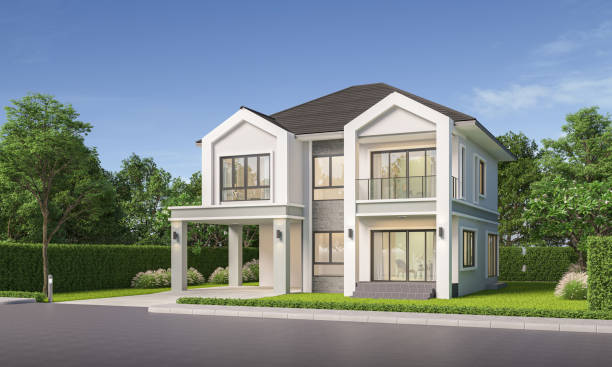 istock Modern house exterior day light with lawn grass.3d rendering 2181203306