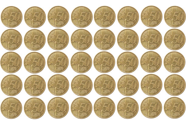 Fifty cents Euro coins on white background