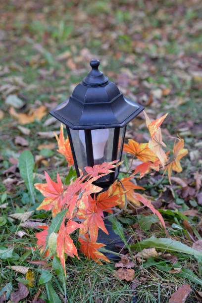 istock A small black garden lantern decorated with yellow and red leaves 2181210872
