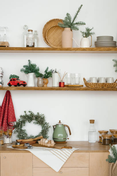 istock winter kitchen with red and turquoise decorations, Christmas kitchen utensils in the Scandinavian style 2181220605