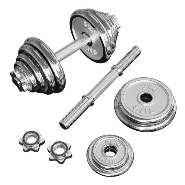 istock Chrome Adjustable Dumbbel and one taken apart. Rod handle, weight plates, locks 2181221926