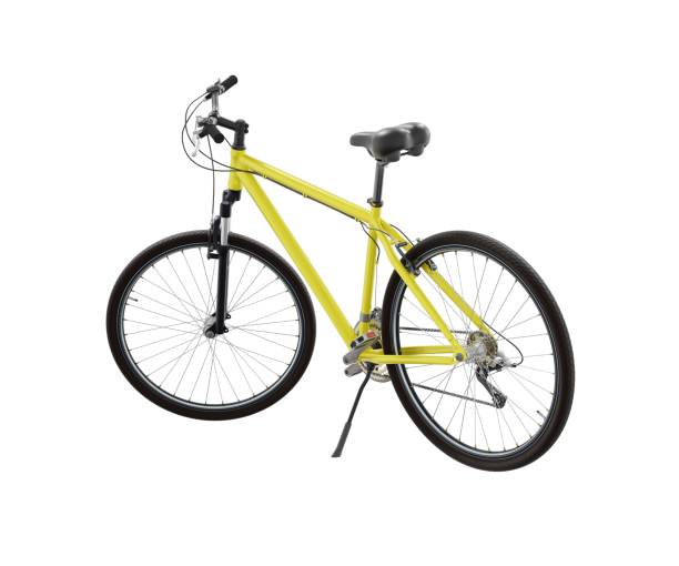 istock Yellow bicycle standing on kickstand, side back view isolated on white background, 3D illustration 2181222547