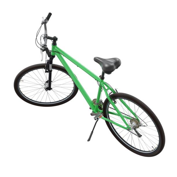 istock Green bicycle standing on kickstand, side back view isolated on white background, 3D illustration 2181222582