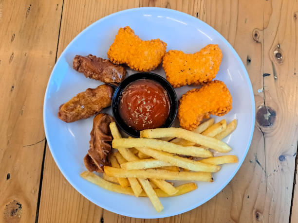 Snack Platter With French Fries, Fried Sausage And Chicken Nugget. Serving With Spicy Sauce. Food Menu. Top View.